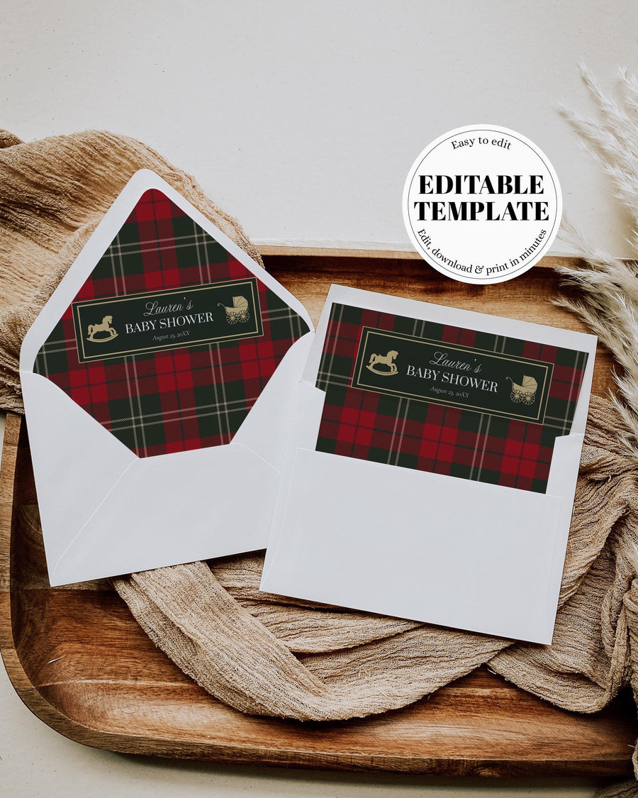 Custom Envelope Liner, Tartan Rocking Horse Holiday Design, Three Size Editable Insert Template 068RH-ENVLI