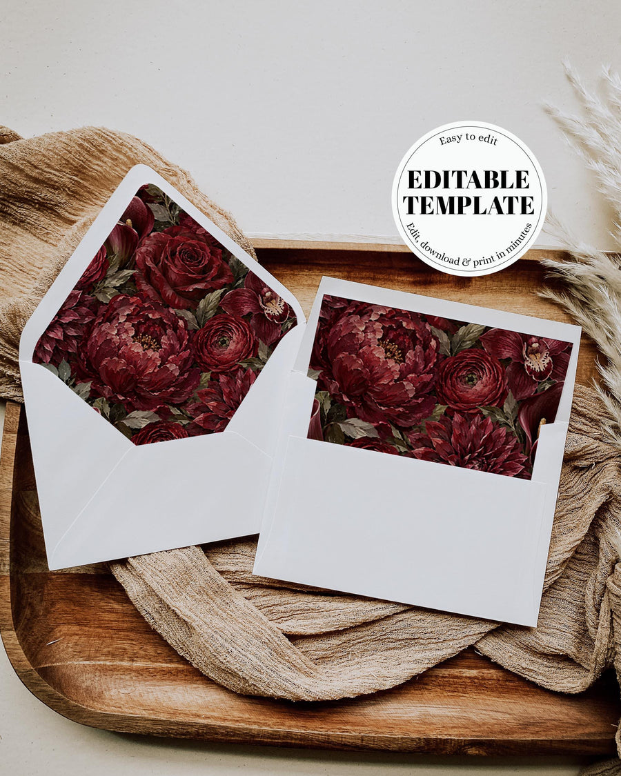 Burgundy Rose Wedding Envelope Liner, Vintage Floral Invitation Insert, Old Money Editable Template 039FL-ENVLI