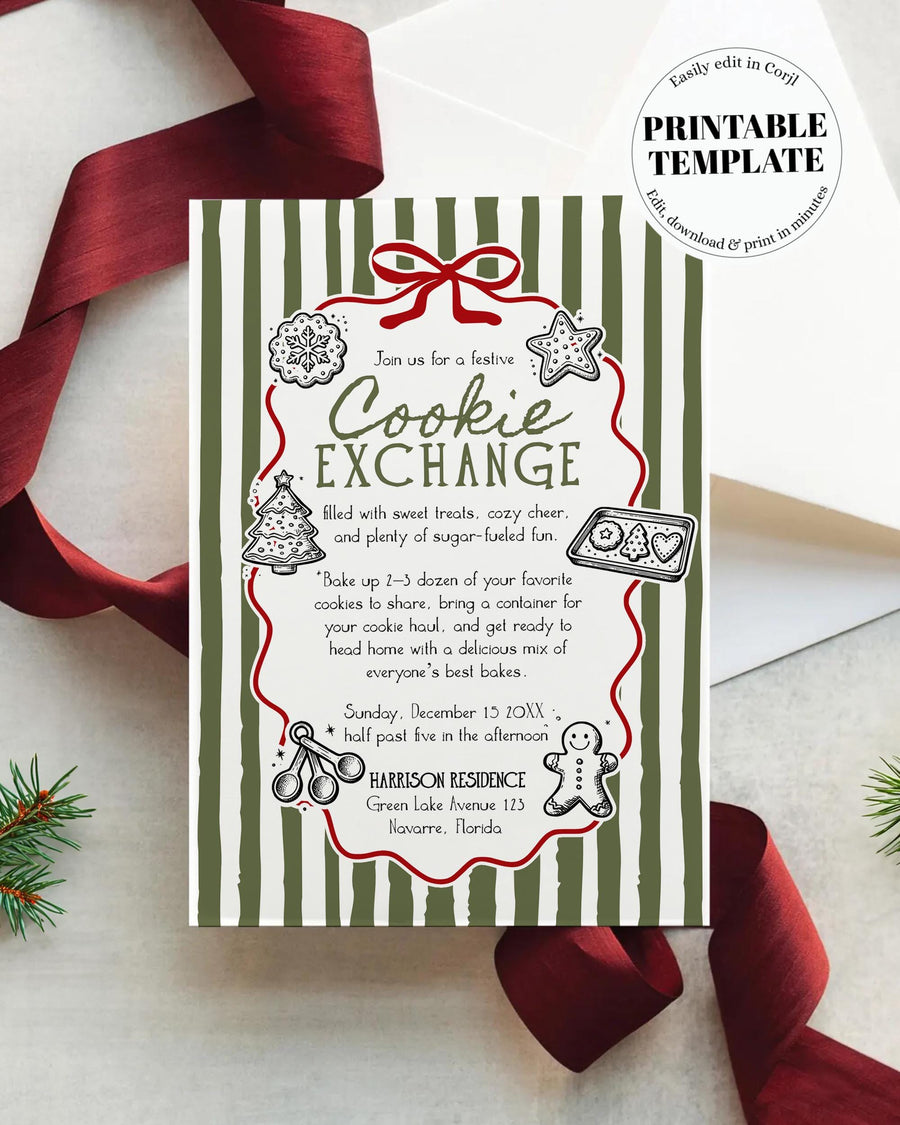 Christmas Cookie Exchange Invitation, Vintage Green Stripes, Hand Drawn Holiday Cookie Swap Template 070CH-PINV