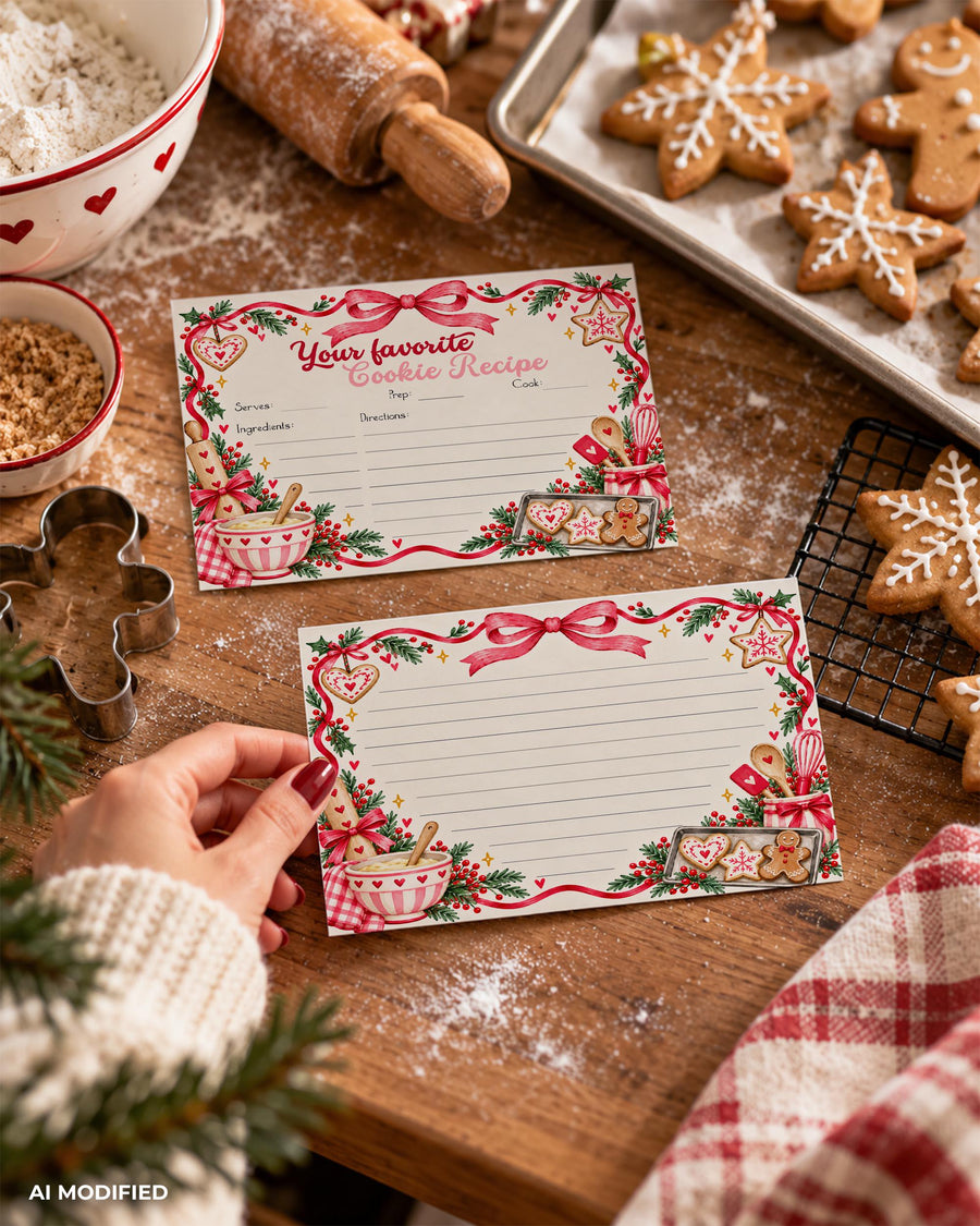 Cookie Swap Recipe Card, Pink Bow Christmas Kitchen Keepsake, Holiday Party Editable Template 037CH-RECA