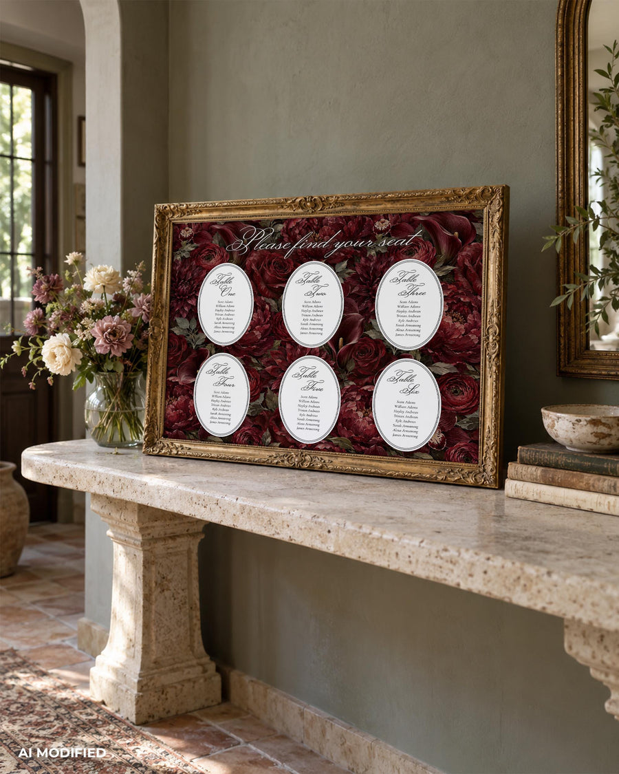Burgundy Floral Seating Chart, Wedding Reception Signs With Guest Cards, Editable Flexible Template 080BU-SEAT