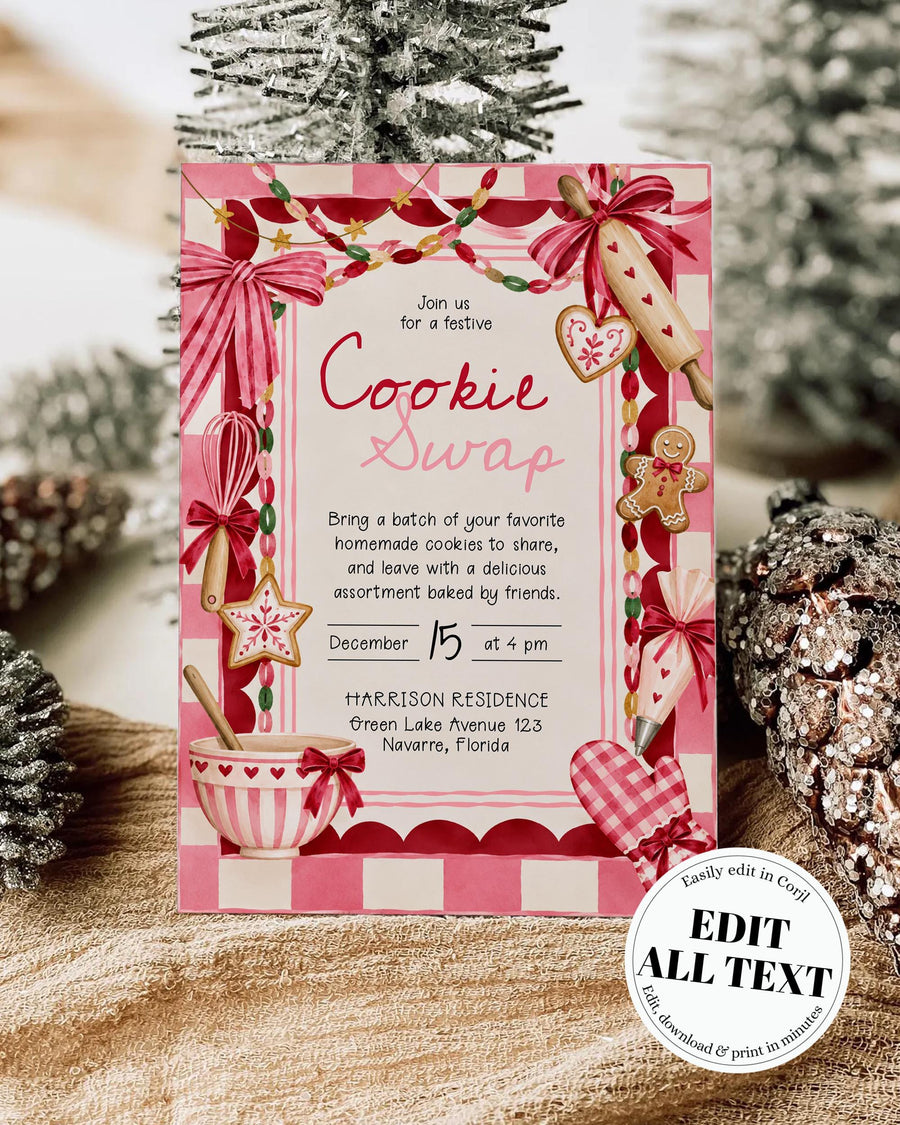Cookie Exchange Invitation, Pink Christmas Gingham Bows, Festive Holiday Cookie Swap Party Template 036CH-PINV
