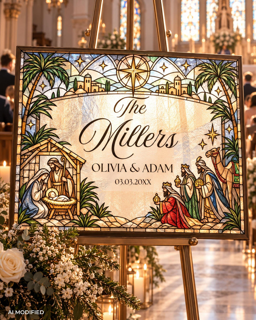Nativity Last Name Sign, Holy Family Faux Glass Keepsake, Editable DIY Canva Template 035XMAS-WLCM