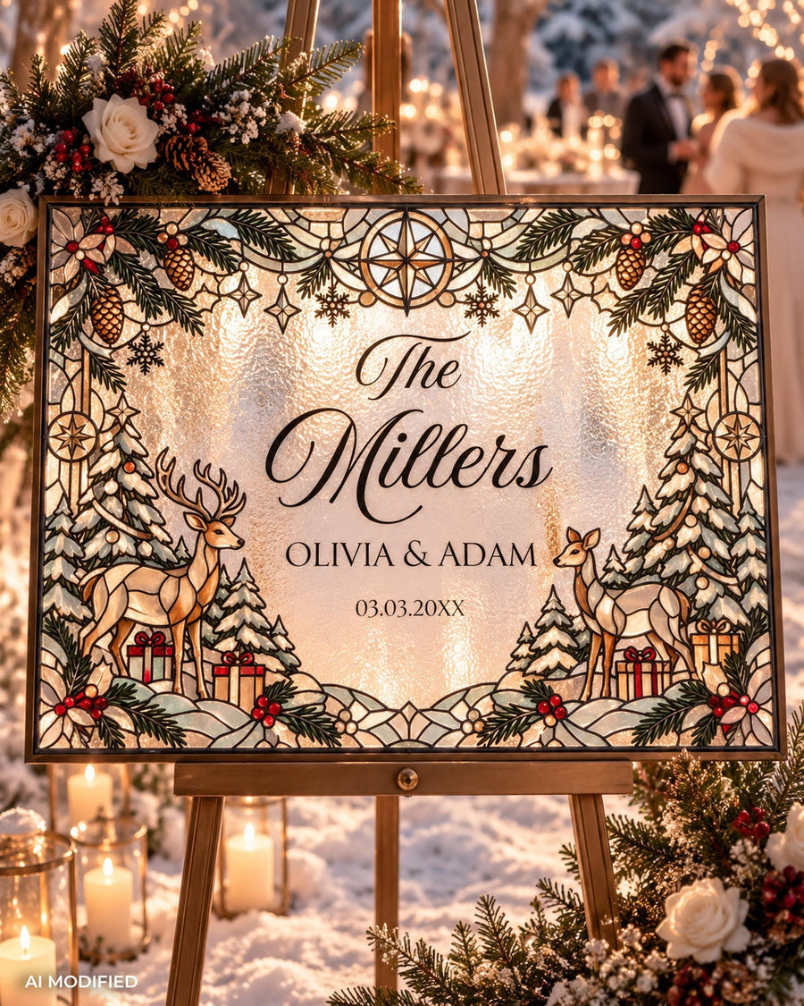Winter Last Name Sign, Christmas Deer Faux Glass Keepsake, Editable DIY Canva Template 035XMAS-WLCM