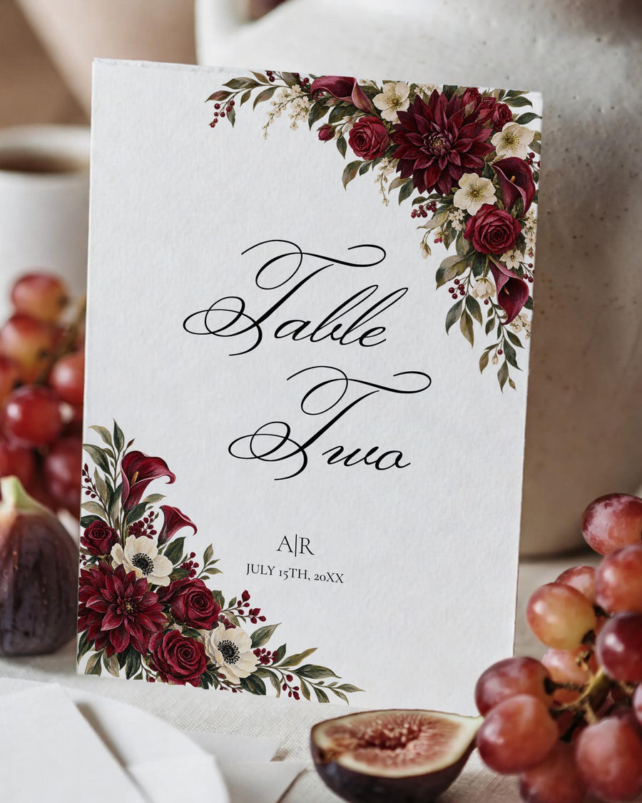 Burgundy Floral Table Numbers, Rectangular Rose Reception Cards, Elegant Editable Personalized Wedding Template 080BU-TBNR