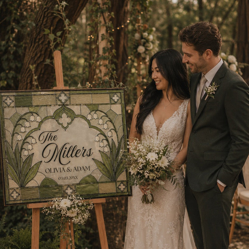 Couple next to a lily of the valley faux stained glass sign