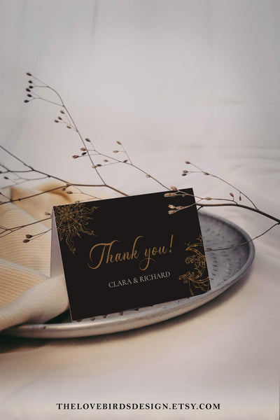 Celestial Wedding Thank you Card, Editable Template, Black Navi Blue and Gold elegant Bohemian Sun and Moon Wedding #062