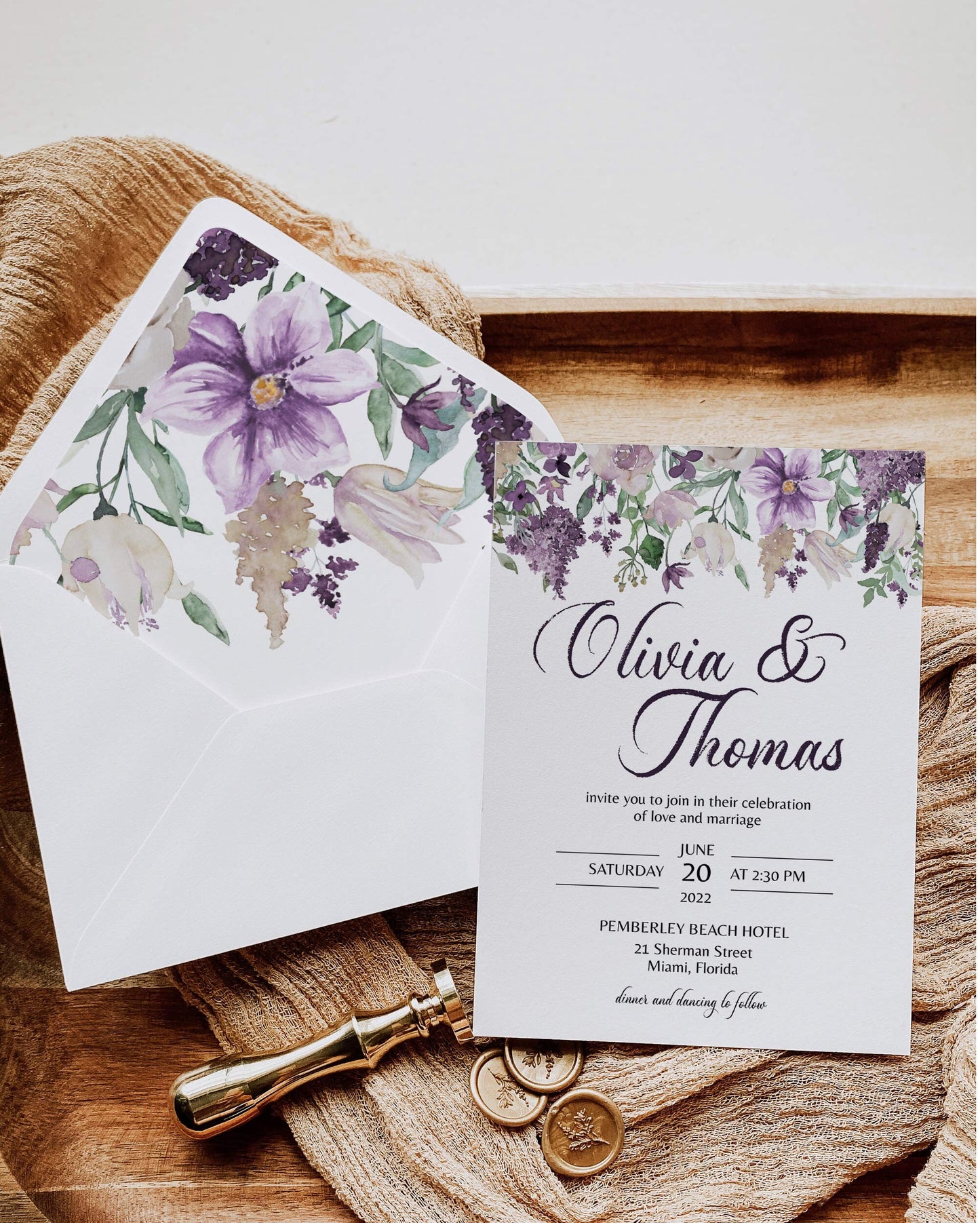 Purple Envelope Liner Template for Vintage Wedding, Romantic Baby Shower or Sweet Sixteen Party Invitation #071a