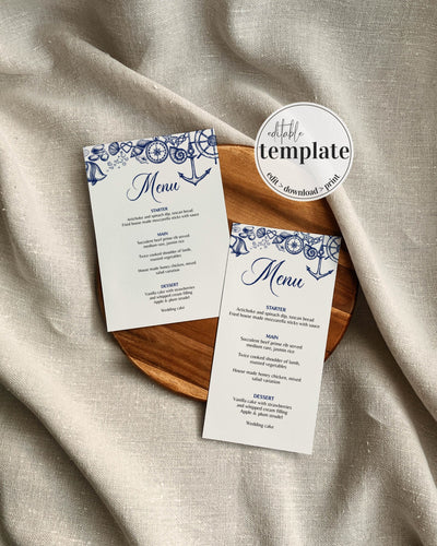 Menu Card Printable Template for Destination Wedding Decorations or Nautical Bridal Shower Menu | Printable Template - marryful