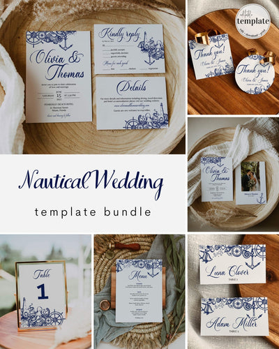 Wedding Stationery Bundle Printable Templates Template for Nautical Beach Wedding Decorations or Destination Celebration - marryful