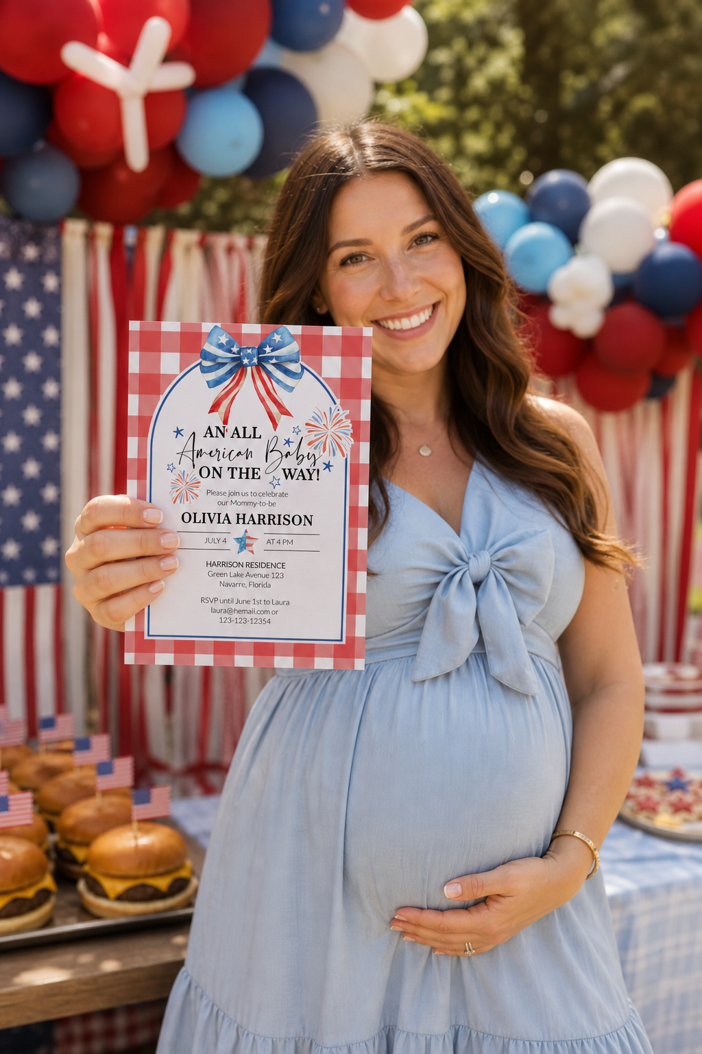 A pregnant woman standing in a beautiful 4th of July USA-themed BBQ party setup, holding up her baby shower invitation [AI]