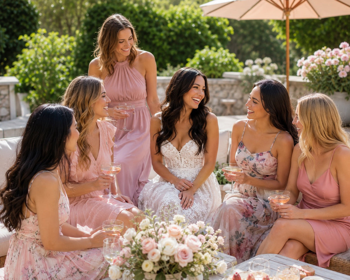 Group of women at a bridal shower in formal dresses sitting outdoors with flowers and drinks. [AI]