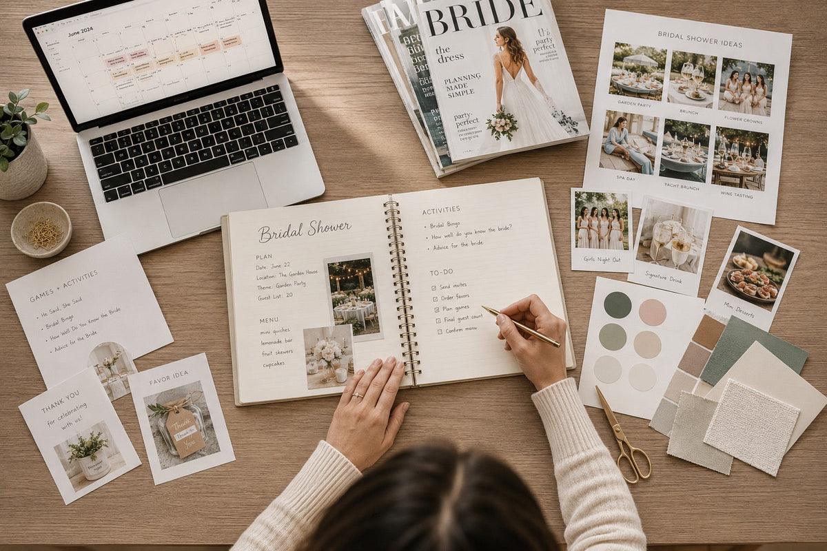 Person planning a bridal shower with a laptop, notebook, and stationery on a wooden table. [AI]