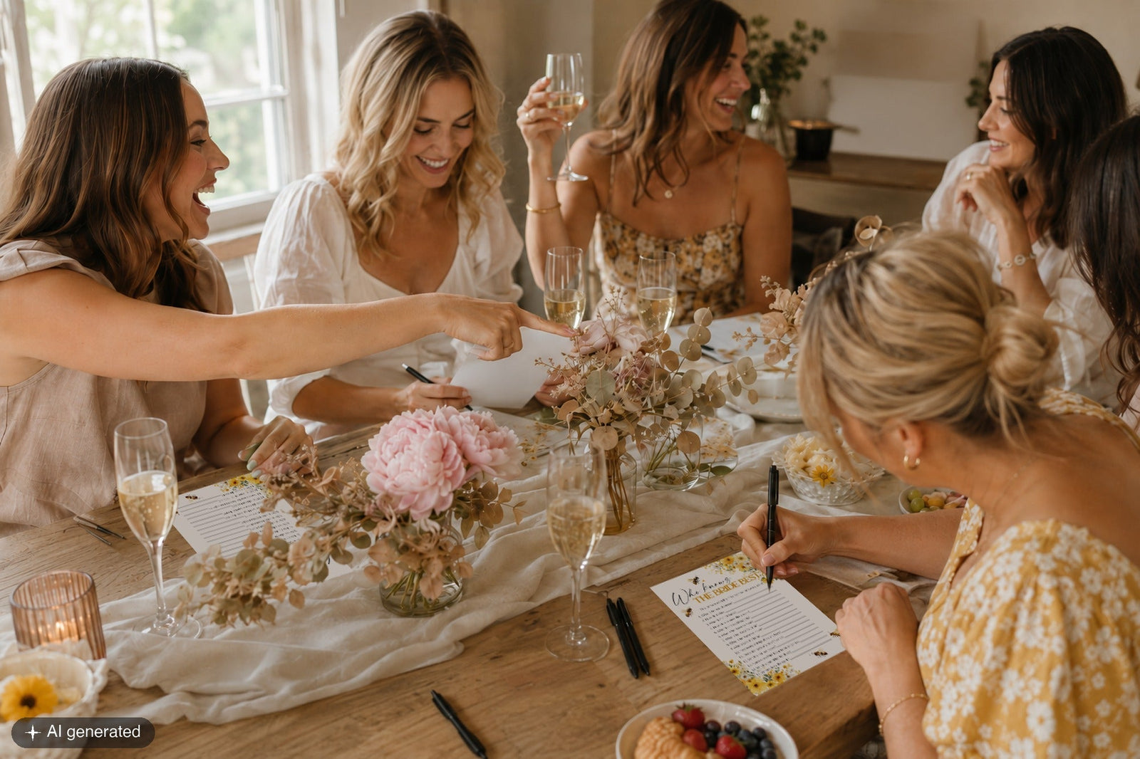 Group of women laughing and playing bridal shower games at a styled table — marryful