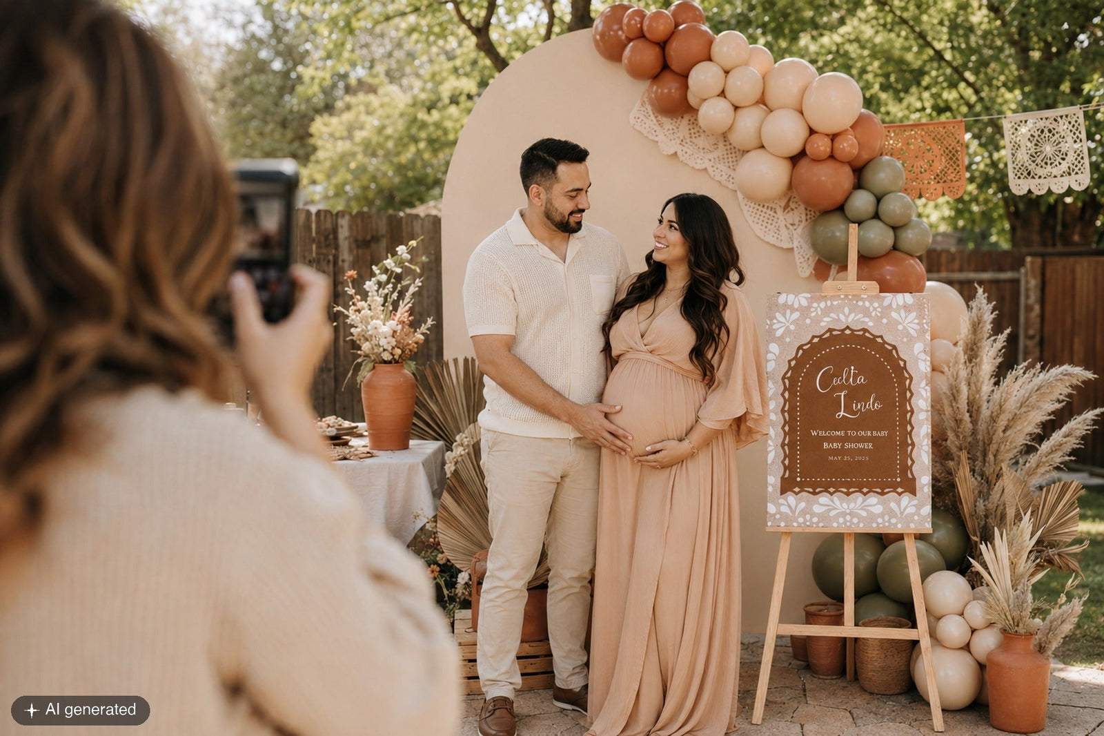 A Cielito Lindo Baby Shower - POV over the shoulder of a woman making a photo of the happy couple