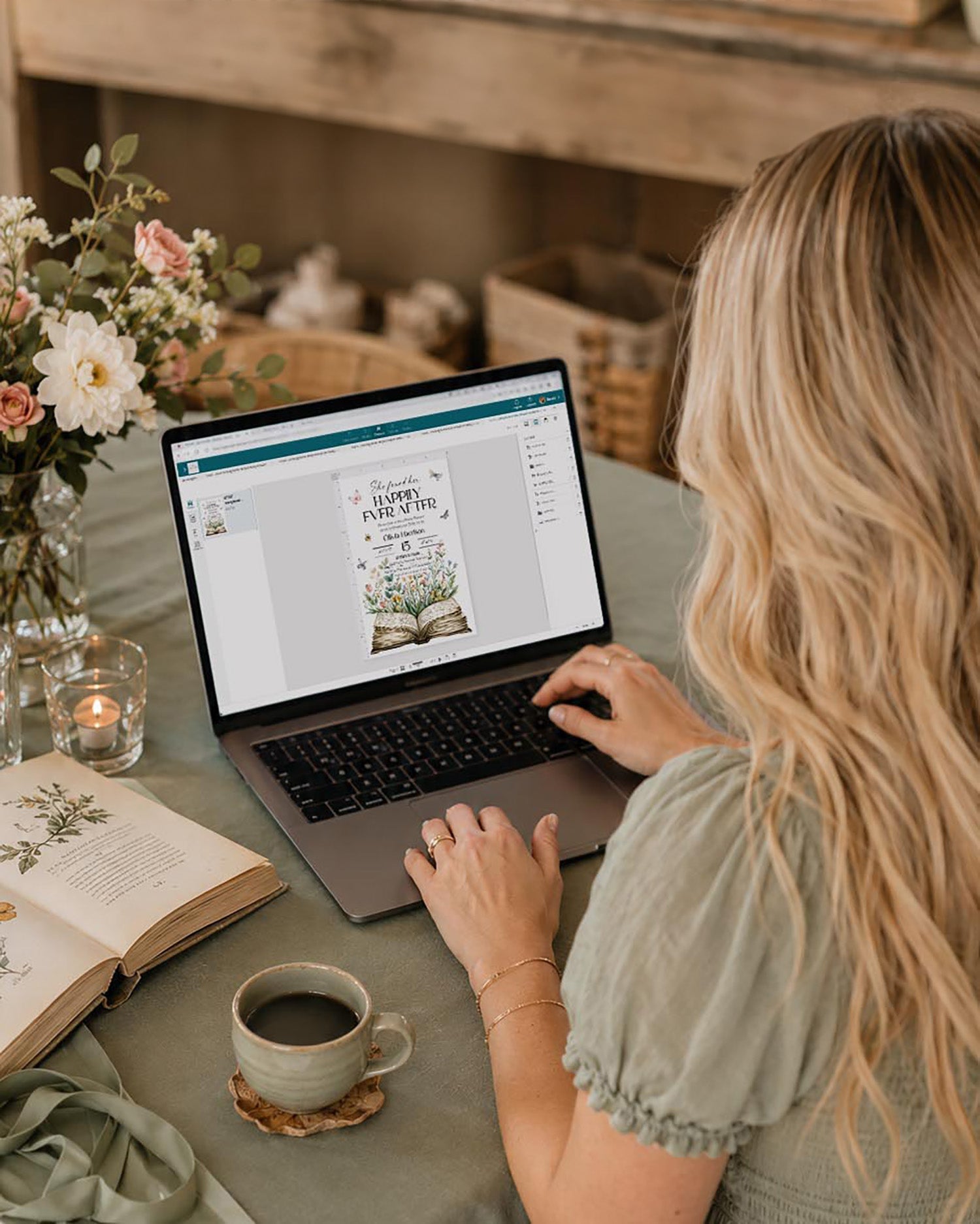 Woman editing her template on a laptop in Corjl. [AI]