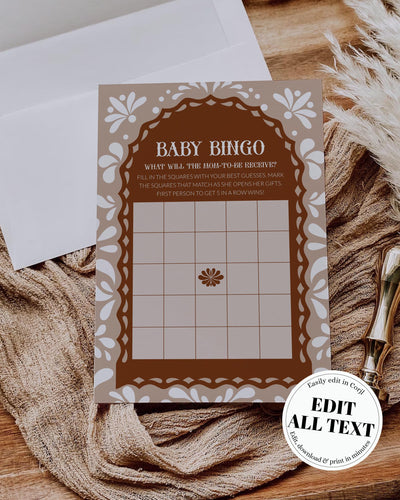 Beige Fiesta Baby Shower Bingo, Cielito Lindo Gift Opening Game Template