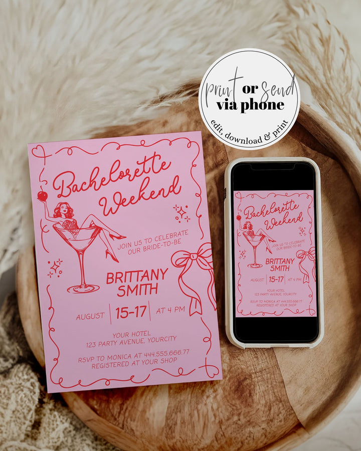 A digital bachelorette party invitation with a cherry martini theme, displayed next to a smartphone showing the same design, indicating the invitation can be printed or sent via phone.
