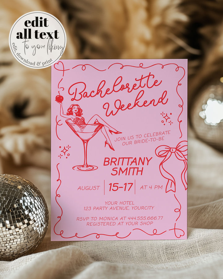 Cherry Martini Bachelorette Itinerary, Funky Handwritten Cherry on Top Martini Bach Party Invitation, Cocktail Bachelorette Template 070 - marryful