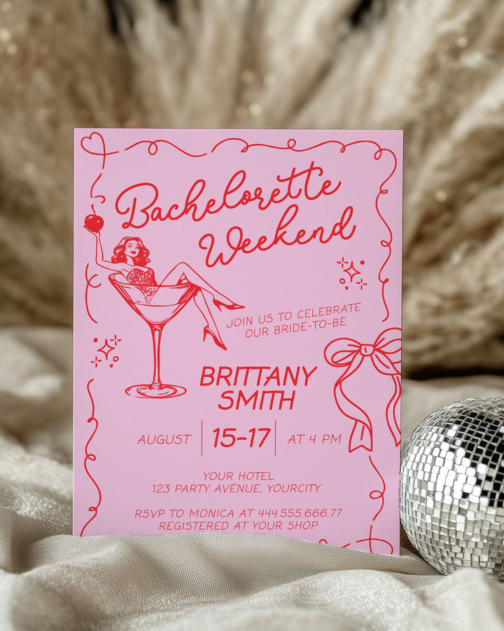 Cherry Martini Bachelorette Itinerary, Funky Handwritten Cherry on Top Martini Bach Party Invitation, Cocktail Bachelorette Template 070 - marryful