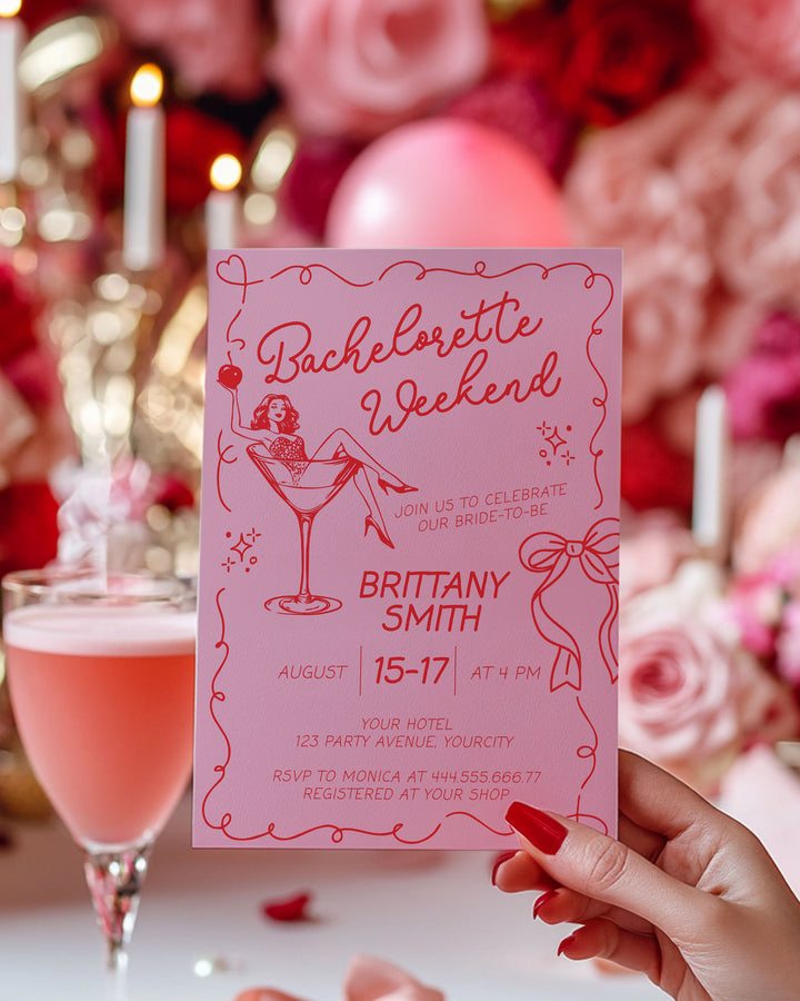 Cherry Martini Bachelorette Itinerary, Funky Handwritten Cherry on Top Martini Bach Party Invitation, Cocktail Bachelorette Template 070 - marryful