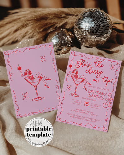 Cherry Martini Adult Birthday Invitation, Handwritten Tini Bit Older Martini Invite with quirky wavy frame, Cocktail Birthday Template 070 - marryful
