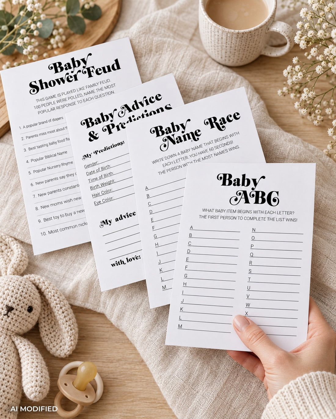 Free printable baby shower games laid out on a table