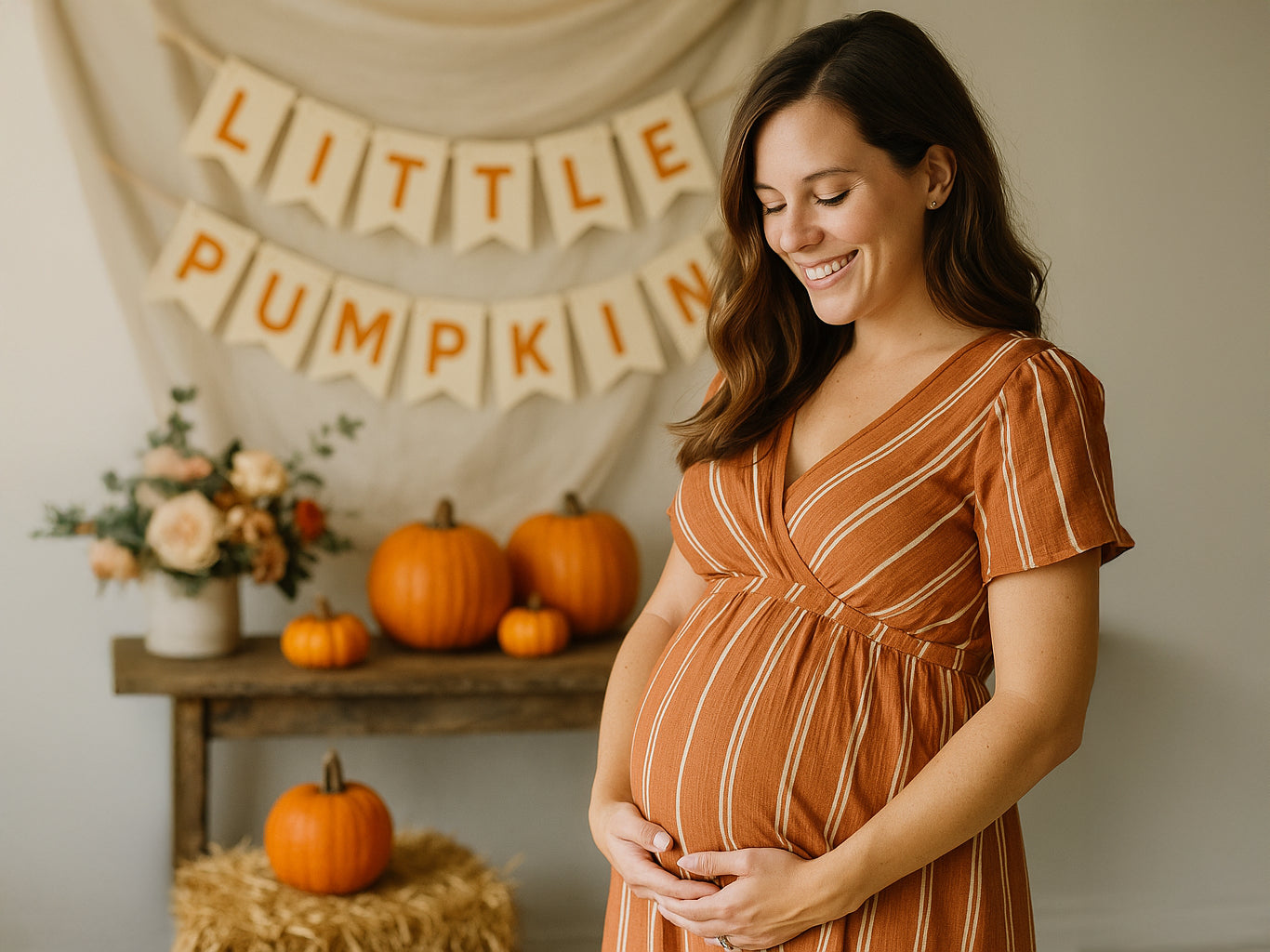 Pregnant woman in a striped dress standing in front of 'Little Pumpkin' banner with pumpkins and flowers.
