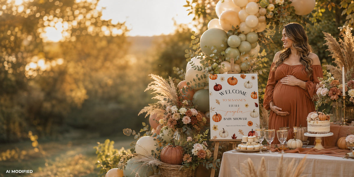 Mom-to-be in a rust dress at an outdoor fall baby shower at sunset, with a pumpkin welcome sign, sage and cream balloon garland and a dessert table