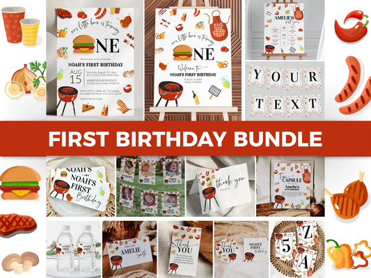 BBQ Burger Birthday Invitation Bundle, BBQ Bun Summer Boy Invite Template Set for Backyard Barbecue, Printable BBQ Party Decoration #072a