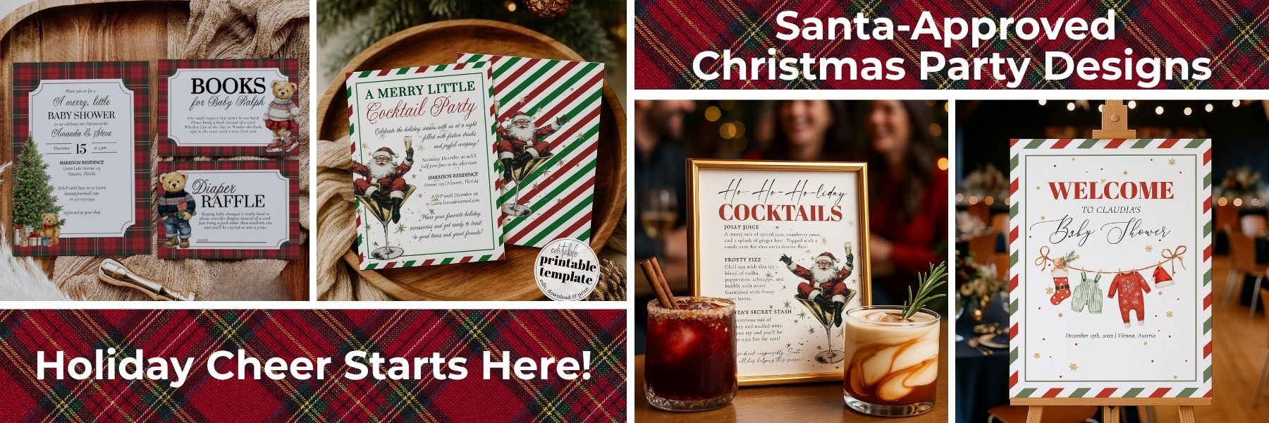 Collection of Christmas party invitations with festive designs and text.
