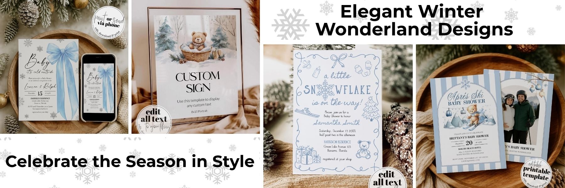 Collage of winter-themed customizable designs with text 'Elegant Winter Wonderland Designs' and 'Celebrate the Season in Style'.