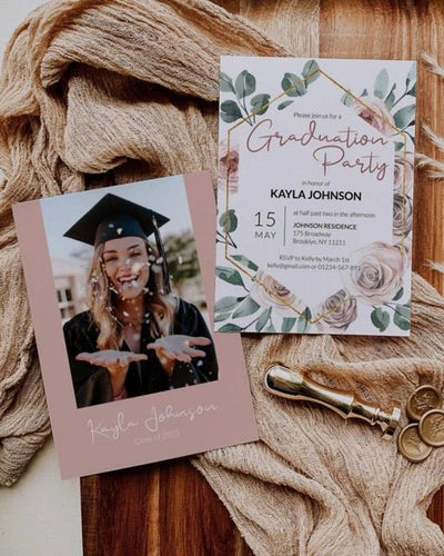 Graduation party invitation with photo frame and decorative elements on a textured surface
