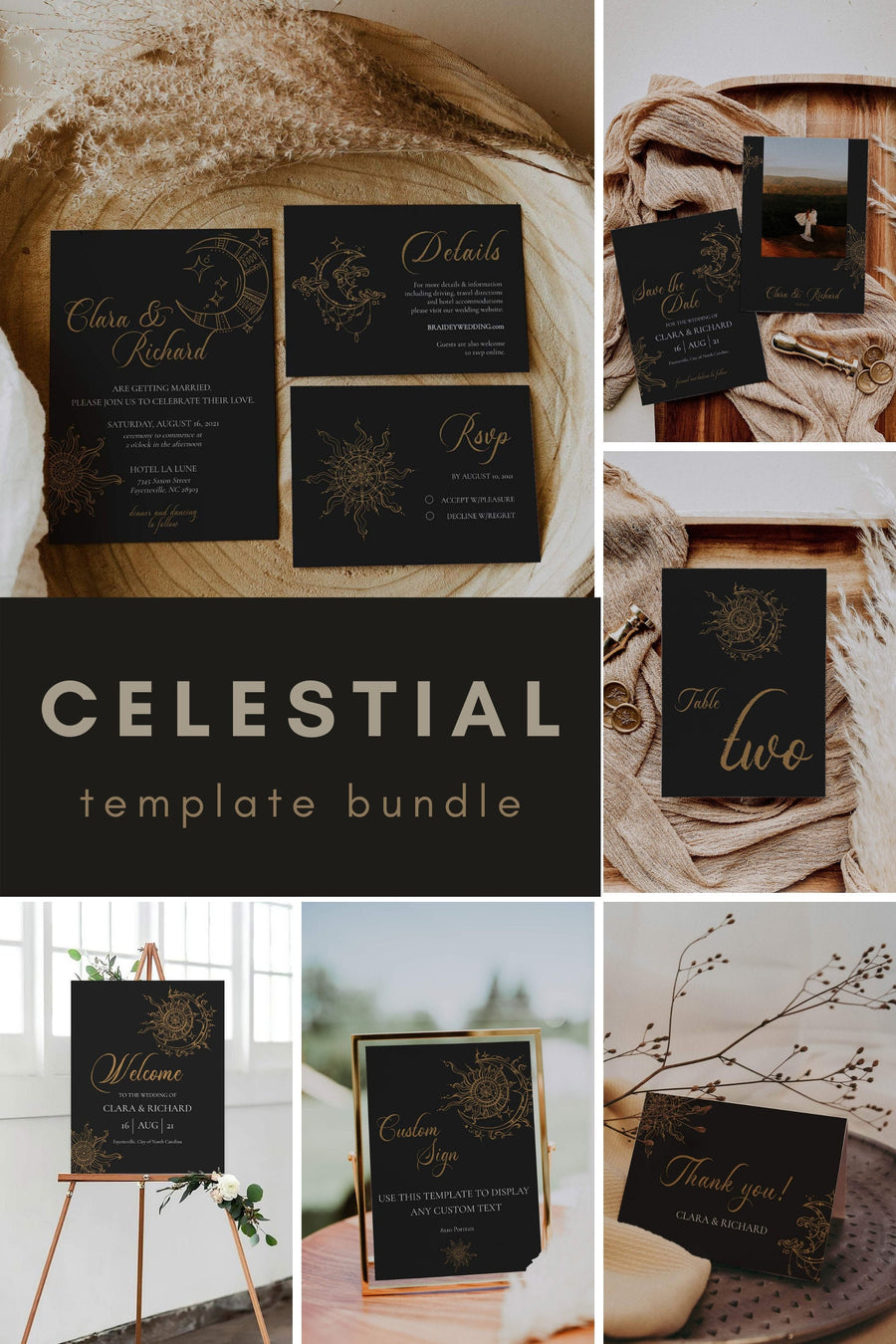 Celestial Wedding Invitation and Decor Bundle, Zodiac Sun Moon Stars Template 062CE-WEBUNDLE - marryful.org