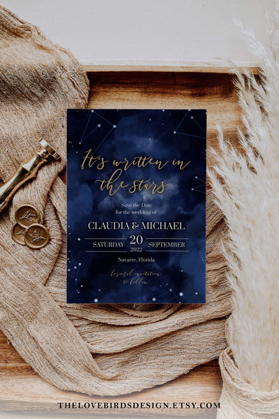 Celestial Wedding Save the Date Invitation Template for Galaxy Wedding, It's Written In The Stars #066 - TheLovebirdsDesign