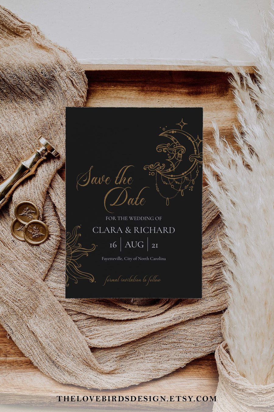 Celestial Save the Date Template, Black Starry Night Tarot Wedding Invitation 062CE-STD - marryful.org