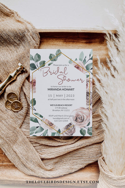 Dusty Rose Bridal Shower Invitation Template for Greenery Wedding or Bachelorette Party #075 - marryful.org