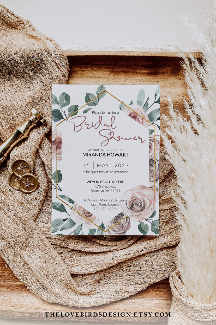 Dusty Rose Bridal Shower Invitation Template for Greenery Wedding or Bachelorette Party #075 - marryful.org