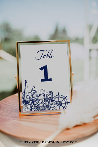 Nautical Table Numbers Template for Wedding Bridal Party or Baby Shower, Maritime Table Number Sign - TheLovebirdsDesign