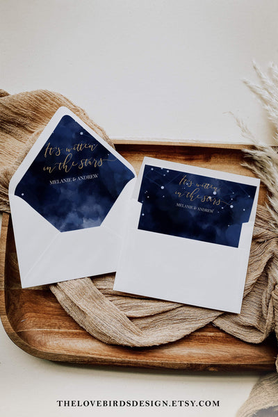 Celestial Envelope Liner Template for Wedding Instant Download, Starry Night Galaxy Moon, It's Written In The Stars Navy Gold #066 - TheLovebirdsDesign