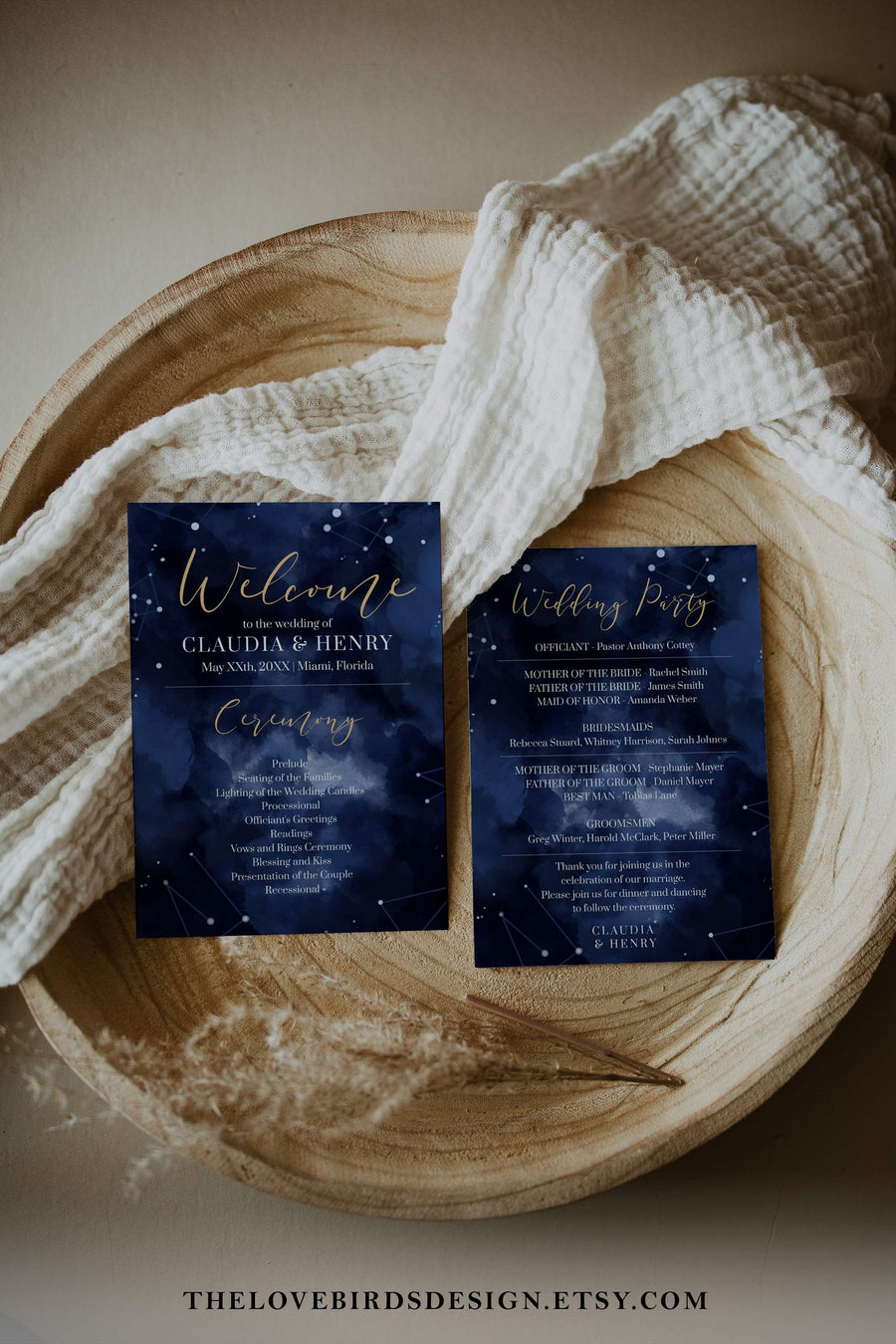 Celestial Wedding Program Template, Navy Gold Starry Night Itinerary Printable 066CE-WEPROG - marryful.org