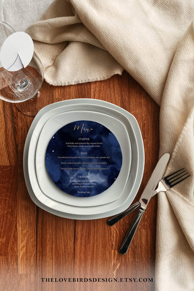 Celestial Wedding Menu Card Template for Moon Wedding, Starry Night Decor Navi Blue and Gold Starry Night Table Menu Card #066 - TheLovebirdsDesign