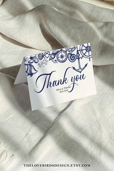 Nautical Wedding Thank You Card Template, Beach Marine Photo Invitation #071 - TheLovebirdsDesign
