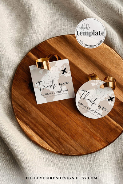 Destination Wedding Favor Tags Template to Download, Favor Tags for travel themed wedding, bridal shower or baby shower #072w - TheLovebirdsDesign