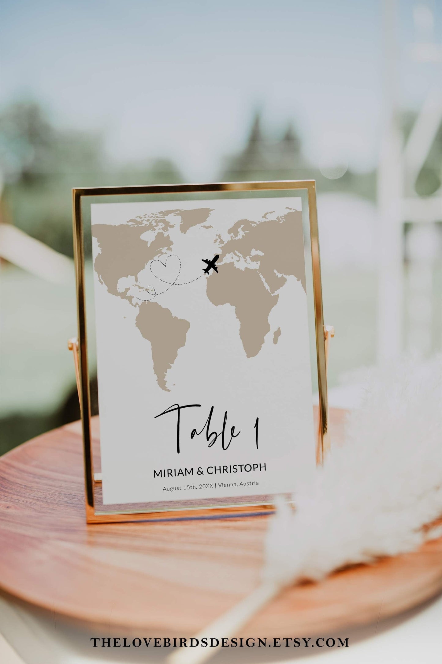 Destination Wedding Table Numbers Template, Travel Wedding Table Numbers with World Map #072w - TheLovebirdsDesign