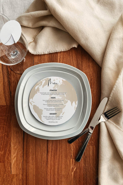 Destination Wedding Menu Card Template with Watercolor World Map #072w - TheLovebirdsDesign