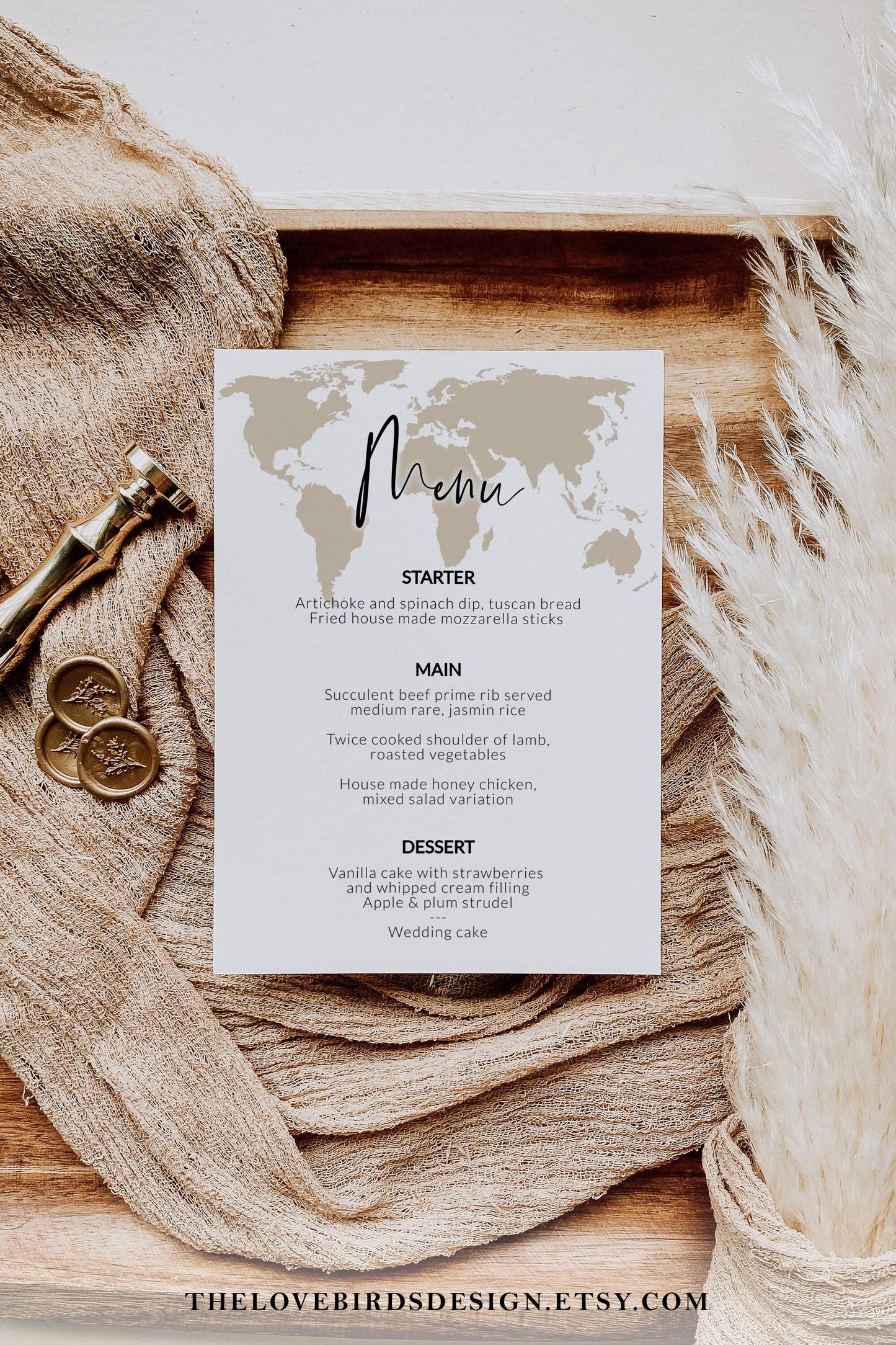 Travel Wedding Menu Card for Destination Wedding Decor with World Map #072w - TheLovebirdsDesign