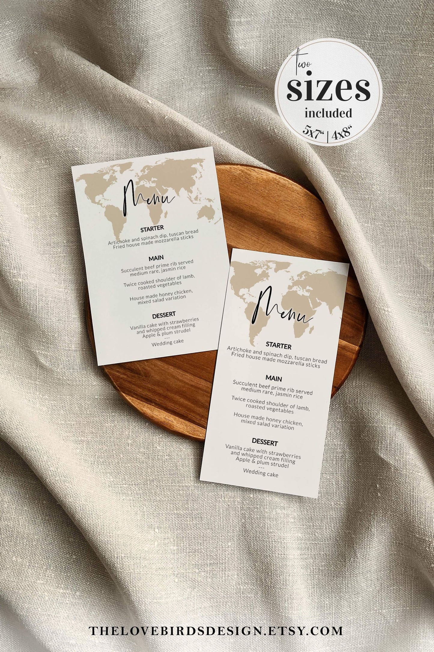 Travel Wedding Menu Card for Destination Wedding Decor with World Map #072w - TheLovebirdsDesign