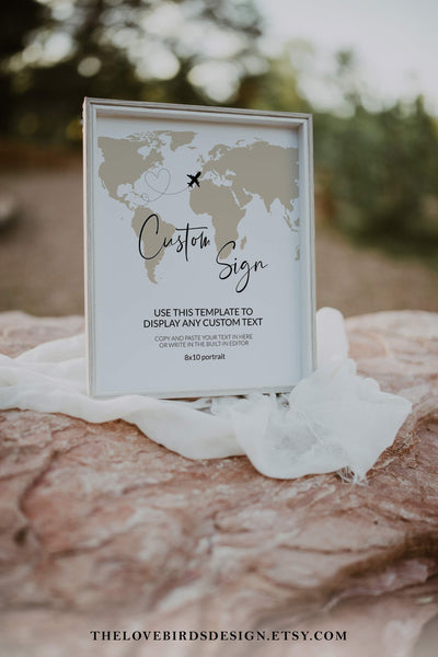 Travel Themed Wedding Sign, Custom Wedding Signage for destination wedding with watercolor world map #072w - TheLovebirdsDesign