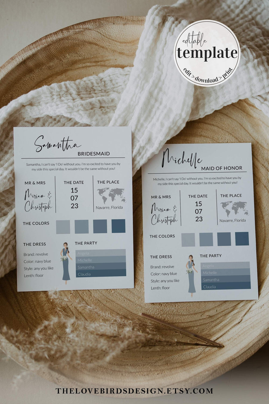 Celestial Bridesmaid Info Card Template, Dusty Blue Wedding Party Printable #072 - marryful.org